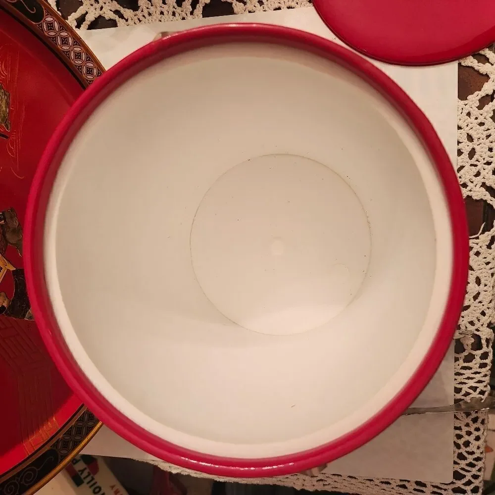 Vintage Mint Set of Red Vinyl Ice Bucket,Tongs,Lucite & T'ang Dynasty Round Tray